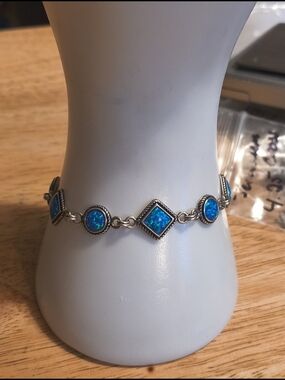 Vintage Sterling Silver & Natural Blue Opal Link Bracelet